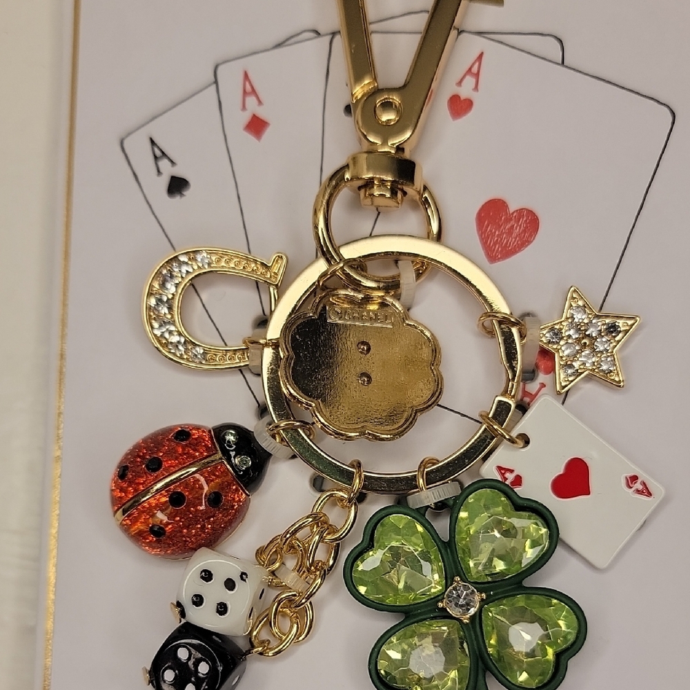 Lucky Charms Bag Charm Clover Horseshoe Dice Ladybug Ace of Hearts Star Gold - Picture 5 of 6